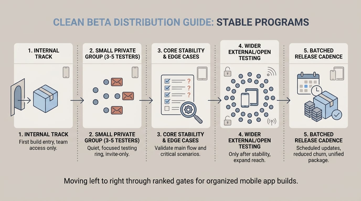 Staged beta distribution process from internal builds to small private tester groups to wider TestFlight External Testing and Google Play Open Testing. Staged beta distribution process from internal builds to small private tester groups to wider TestFlight External Testing and Google Play Open Testing.
