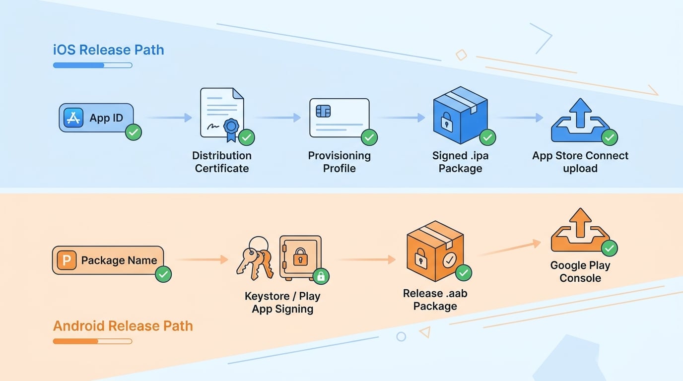 Two-lane diagram showing iOS code signing and Android app bundle signing steps before uploading a first mobile app to the stores. Two-lane diagram showing iOS code signing and Android app bundle signing steps before uploading a first mobile app to the stores.