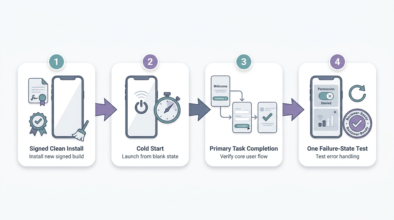 Process diagram showing a FlutterFlow app approval QA flow from signed clean install to cold start, primary task completion, and failure-state testing. Process diagram showing a FlutterFlow app approval QA flow from signed clean install to cold start, primary task completion, and failure-state testing.