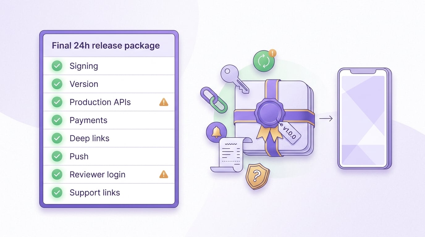 Final 24-hour app submission checklist for verifying the signed release build before App Store and Google Play review. Final 24-hour app submission checklist for verifying the signed release build before App Store and Google Play review.