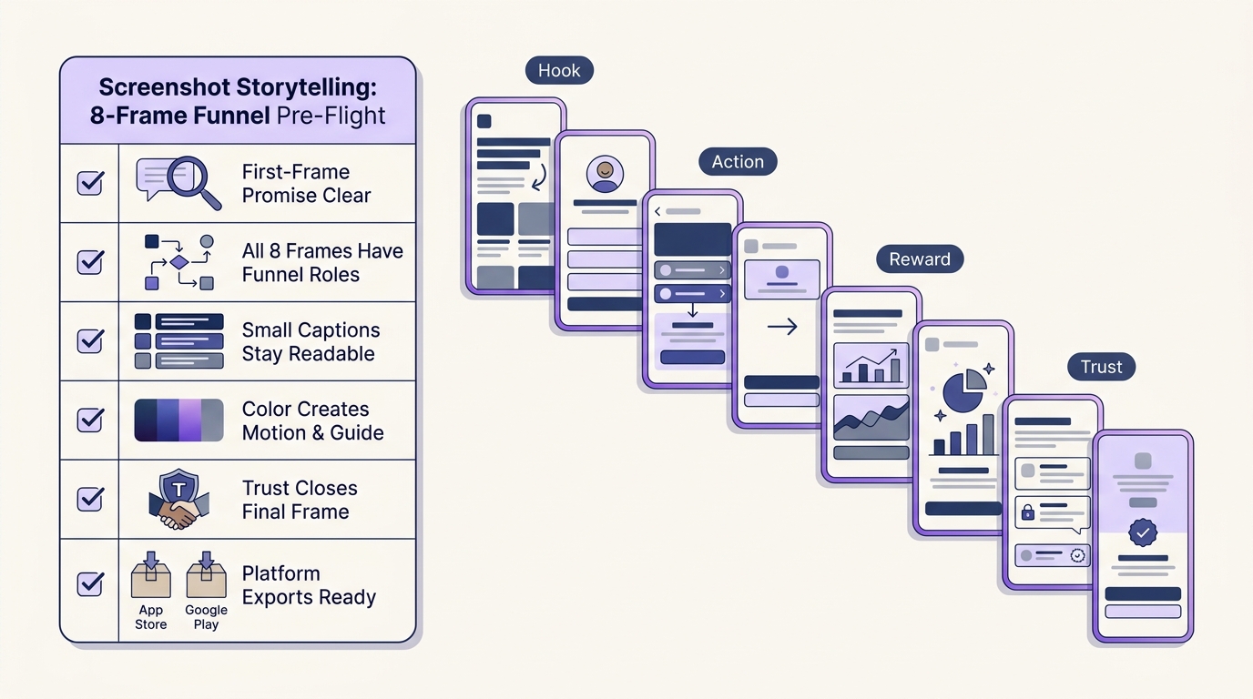 Checklist for reviewing eight app store screenshots before upload, including hook clarity, funnel role, short captions, visual contrast, trust closer, and platform export readiness. Checklist for reviewing eight app store screenshots before upload, including hook clarity, funnel role, short captions, visual contrast, trust closer, and platform export readiness.