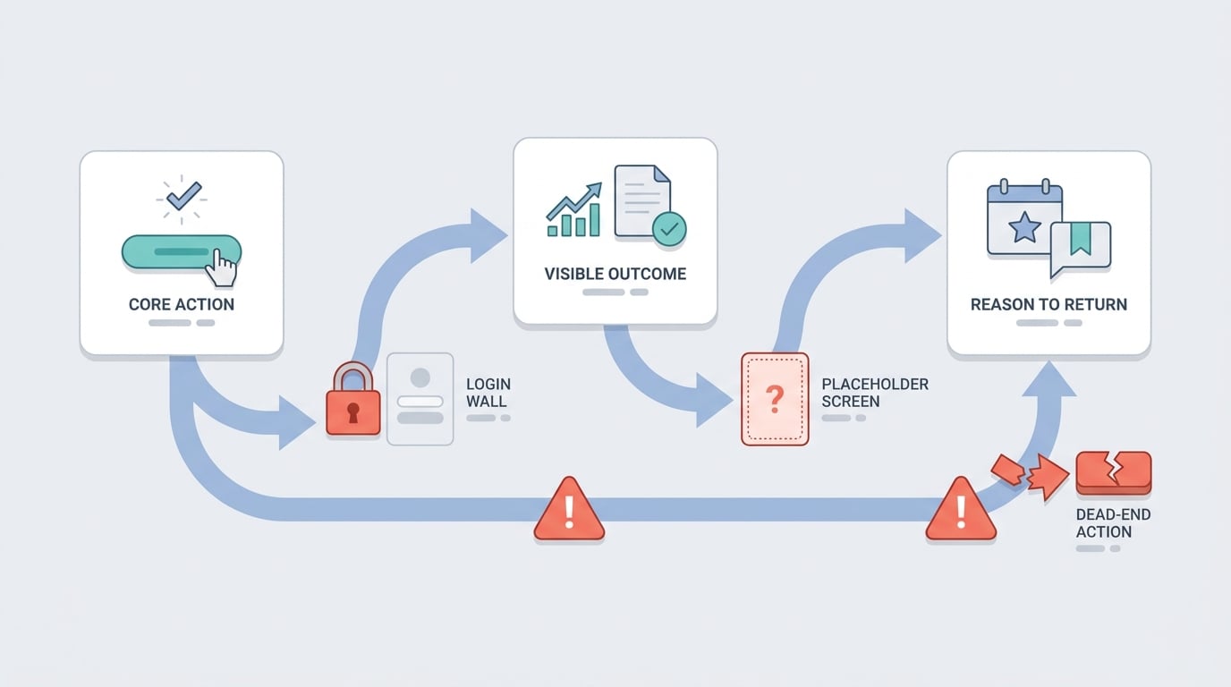 Process diagram of the app review first-session value loop showing core action, outcome, and reason to use again, plus blockers that trigger demo-like rejection risk. Process diagram of the app review first-session value loop showing core action, outcome, and reason to use again, plus blockers that trigger demo-like rejection risk.