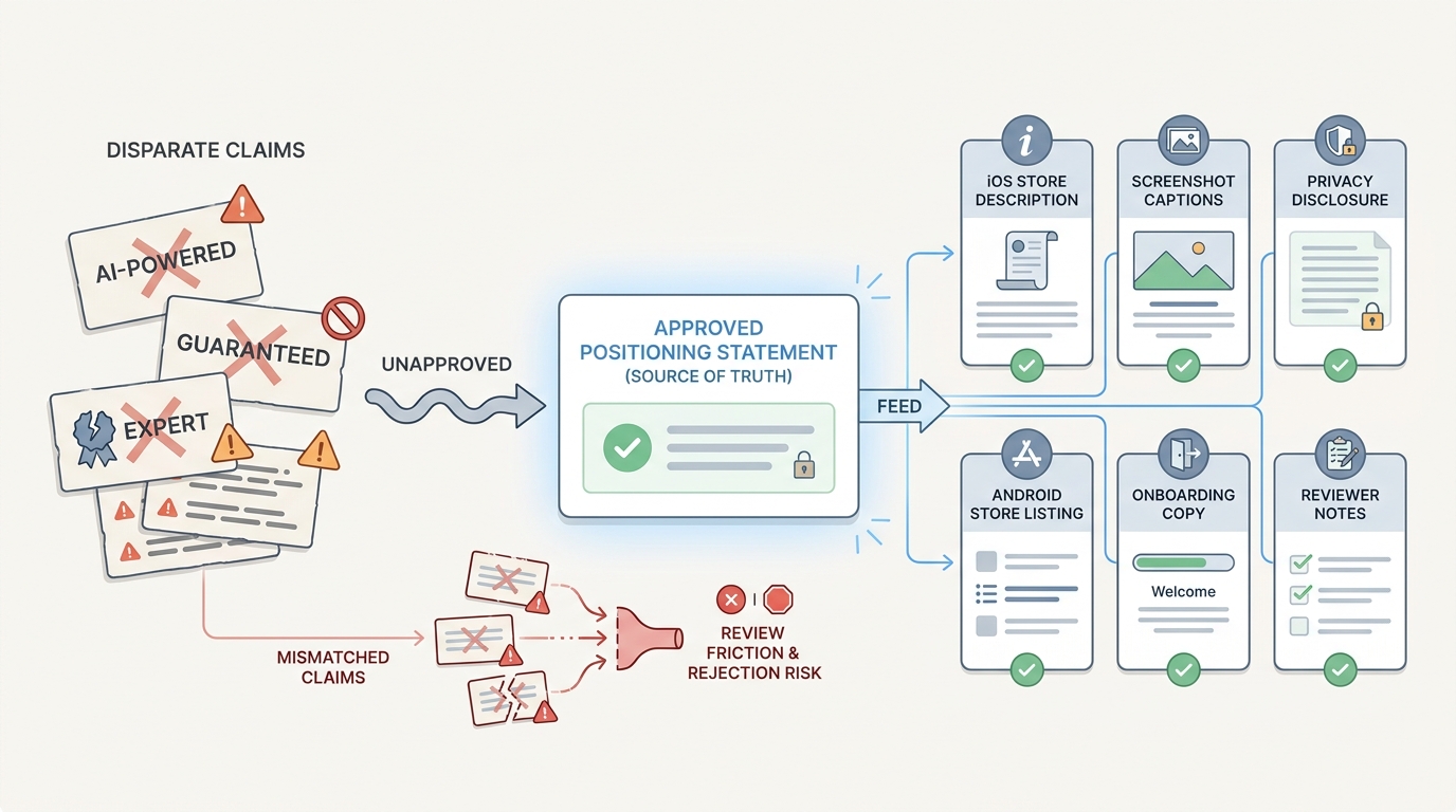 Diagram showing one AI feature description aligned across App Store, Google Play, screenshots, onboarding, privacy disclosures, and reviewer notes. Diagram showing one AI feature description aligned across App Store, Google Play, screenshots, onboarding, privacy disclosures, and reviewer notes.