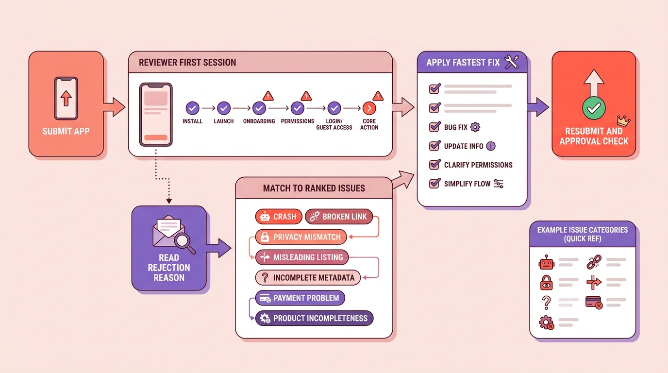 Five-step process diagram on a blush background in a coral energy palette. Rose and coral rounded boxes connected by right-pointing arrows show: 1) Submit app, 2) Read rejection reason, 3) Match it to a ranked common issue list, 4) Apply the fastest fix, 5) Resubmit and verify approval. A violet side note highlights examples like guideline mismatch, broken links, incomplete metadata, and payment or privacy issues.