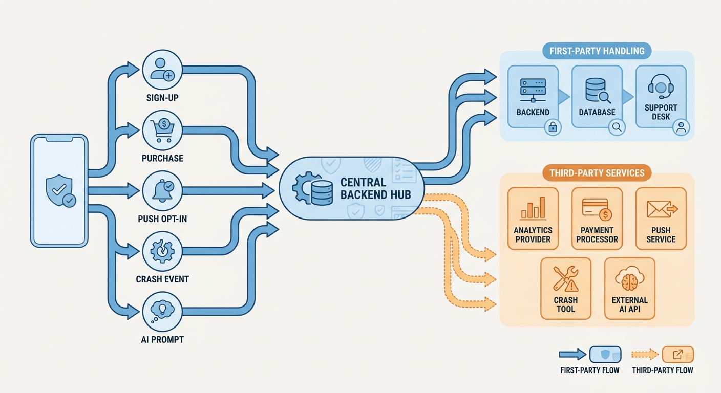 Process diagram of mobile app data flowing from user actions to backend systems and third-party services for privacy documentation Process diagram of mobile app data flowing from user actions to backend systems and third-party services for privacy documentation