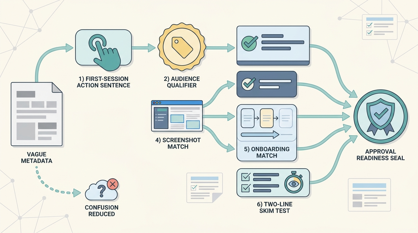 Process diagram showing how to draft an app description reviewers can understand from opening sentence to screenshot alignment