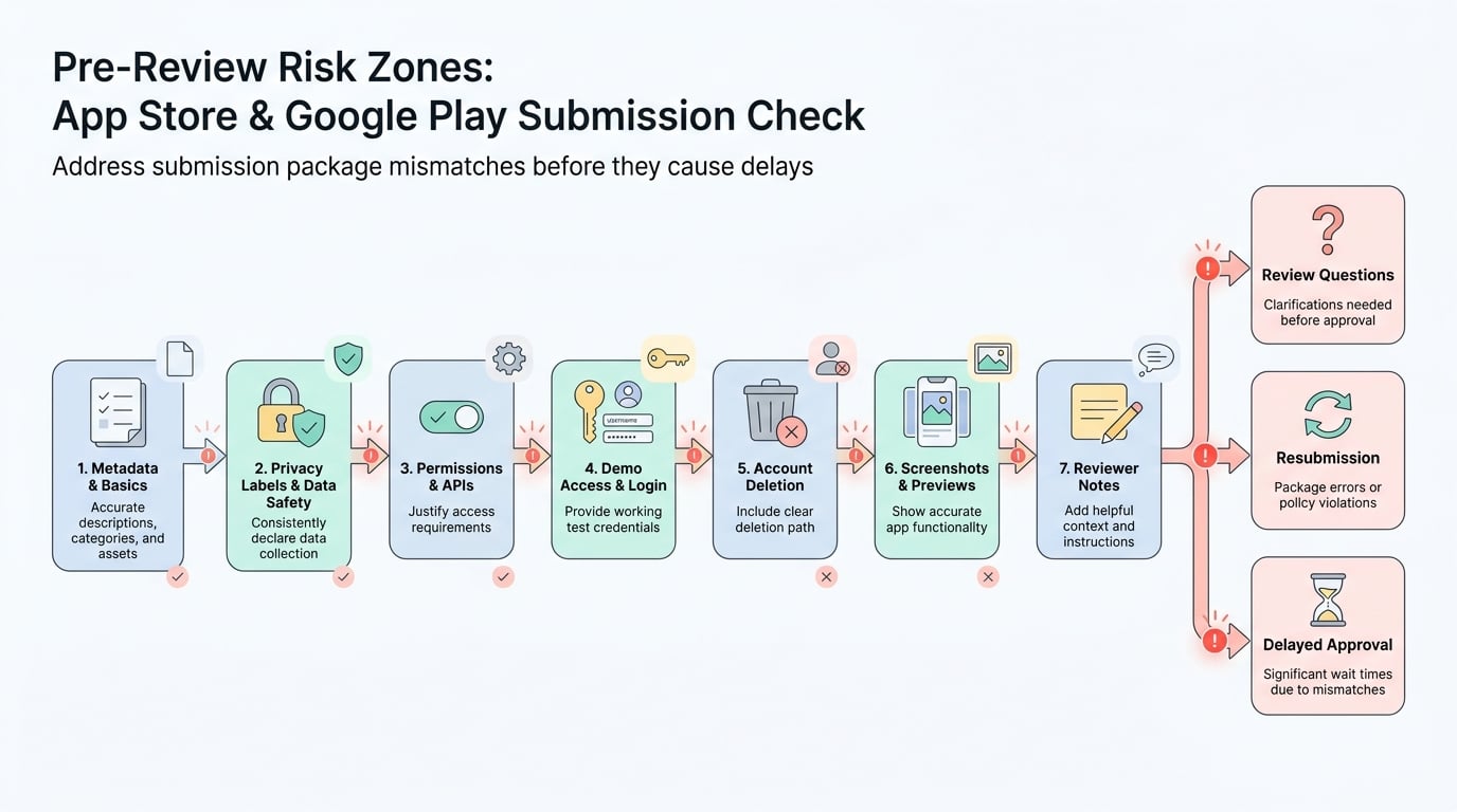 Process diagram of the seven areas where App Store and Google Play submission issues usually appear before review Process diagram of the seven areas where App Store and Google Play submission issues usually appear before review