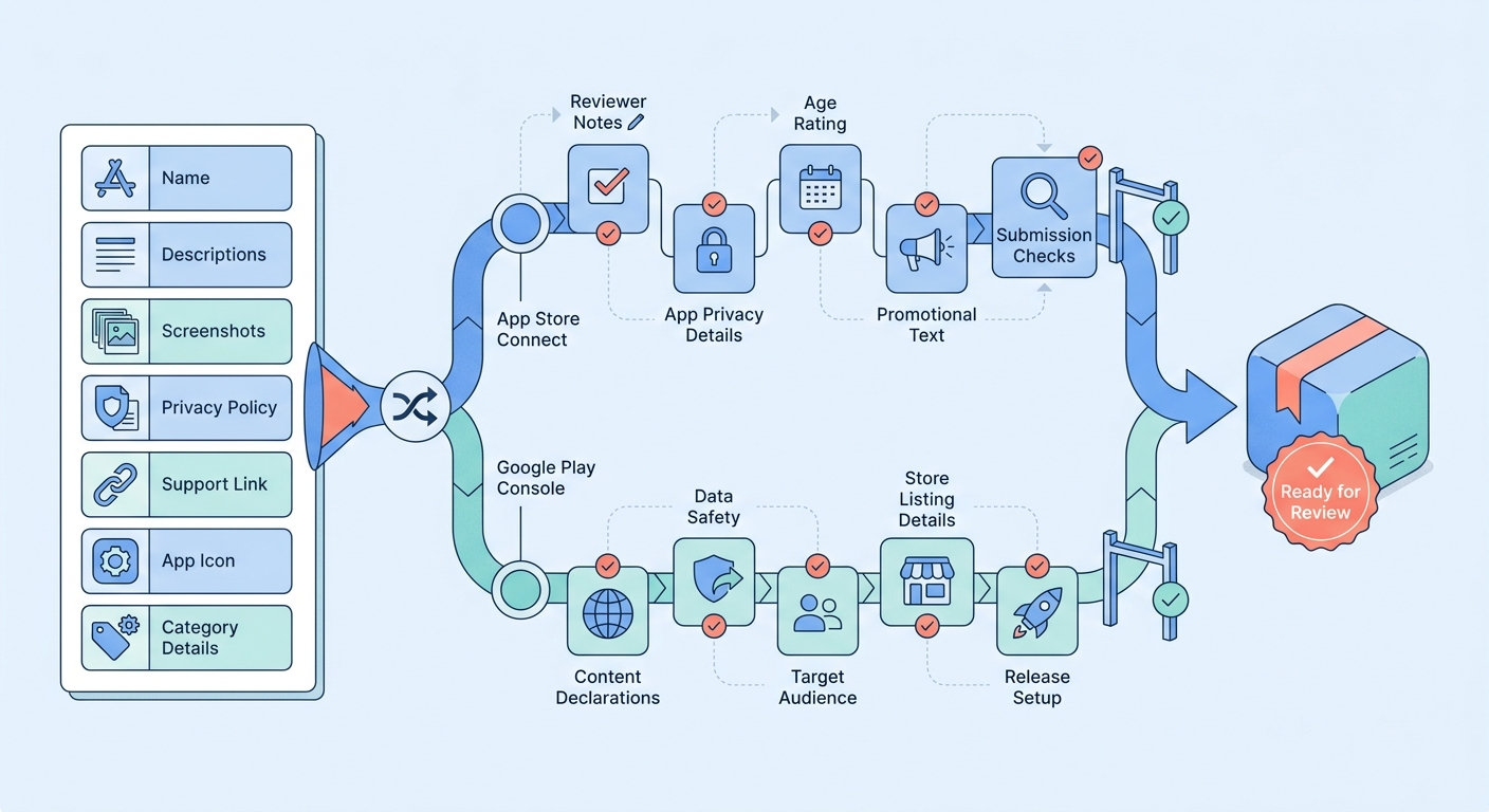 Process diagram showing shared and platform-specific steps for preparing one mobile app submission for App Store Connect and Google Play Console Process diagram showing shared and platform-specific steps for preparing one mobile app submission for App Store Connect and Google Play Console