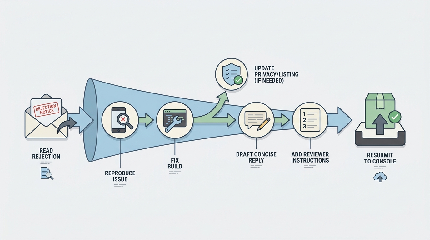 Process diagram of the workflow for fixing an app rejection and sending a reviewer-friendly response Process diagram of the workflow for fixing an app rejection and sending a reviewer-friendly response