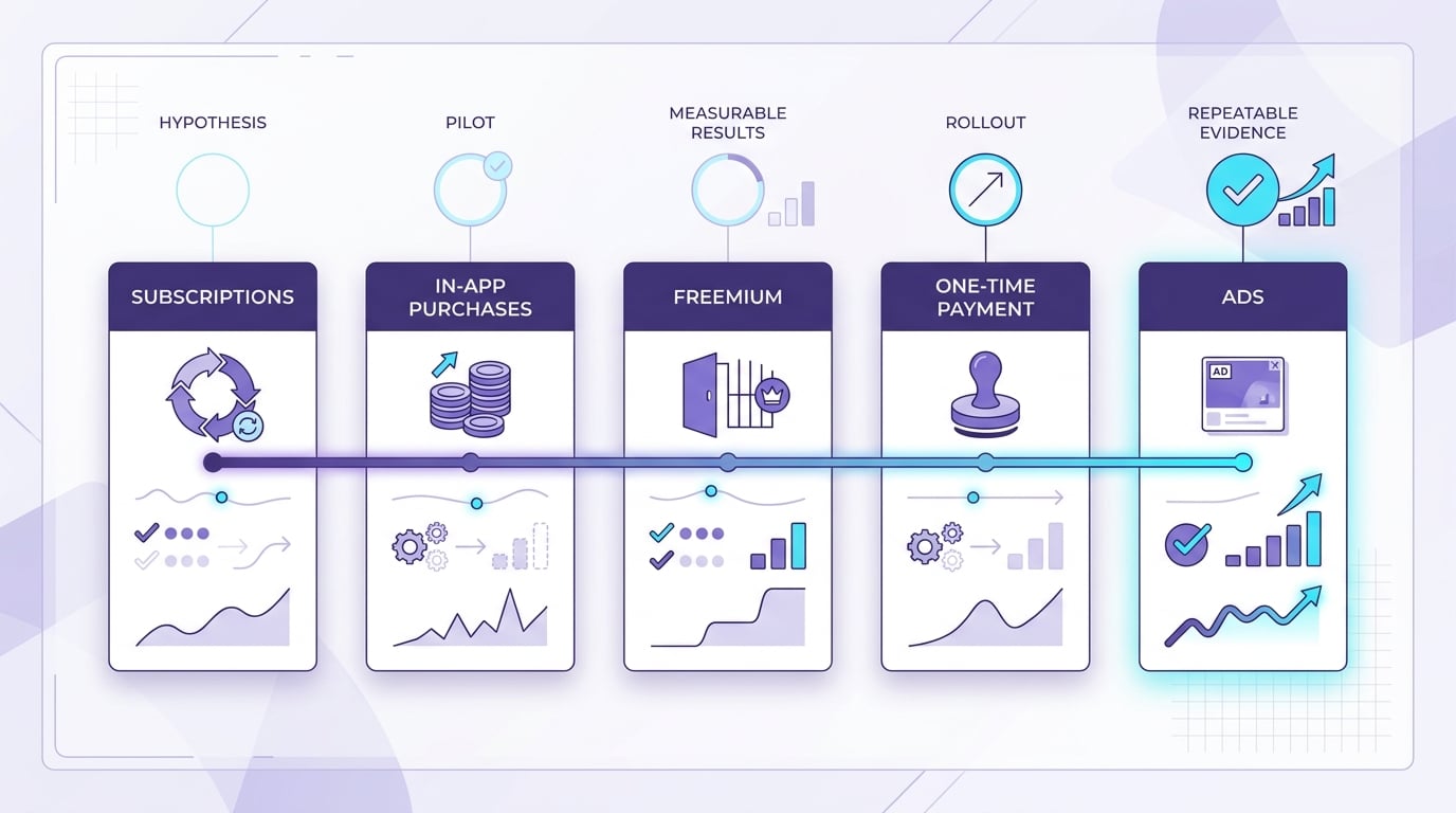 Chronological timeline titled "Early Proof" on a light dashboard-style background in deep violet and lavender with cyan highlights. Five milestones run left to right with date labels and short descriptions: Jan 2023  -  initial hypothesis and control criteria defined; Apr 2023  -  first pilot launched with a small test group; Jul 2023  -  early results show faster review turnaround and fewer exceptions; Oct 2023  -  process expanded to additional teams with standardized workflows; Jan 2024  -  evidence co