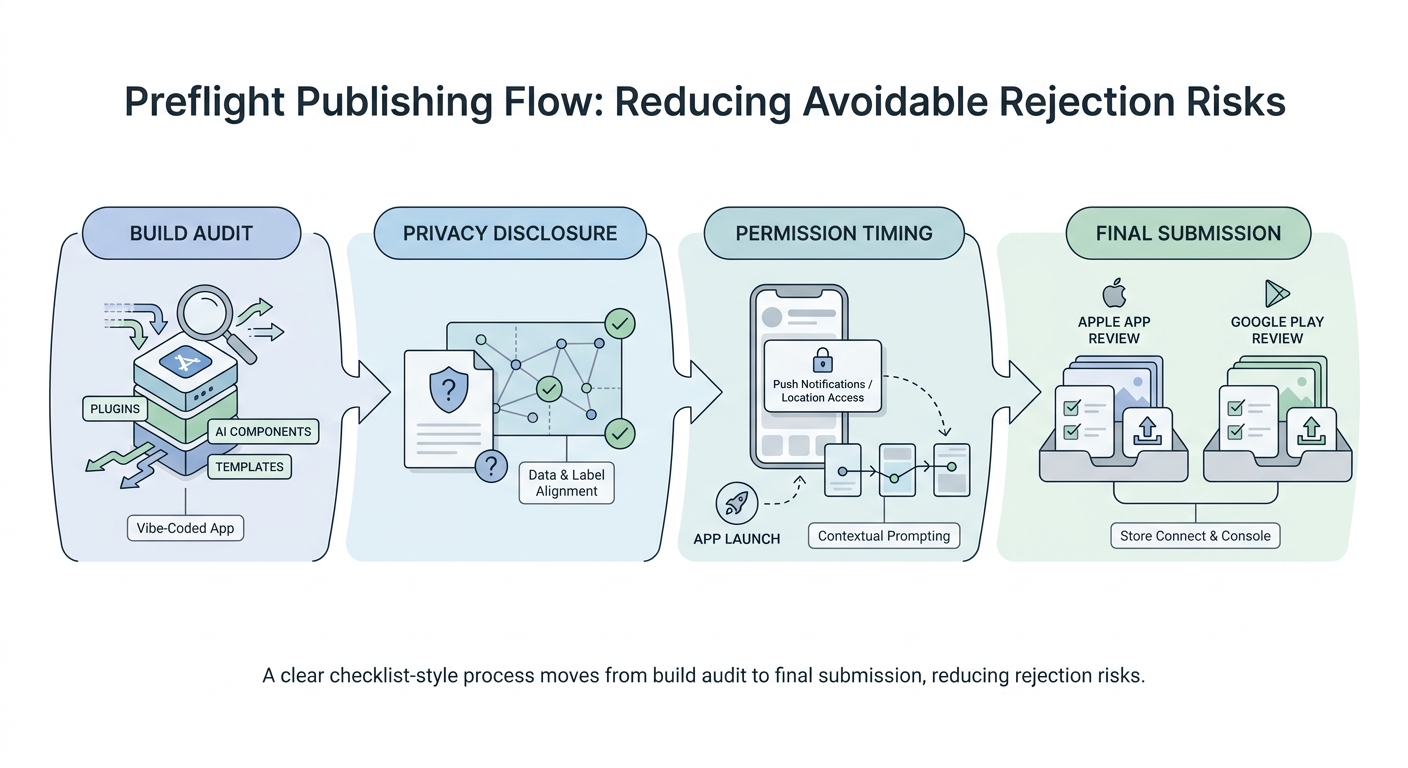 Process diagram showing the review-ready publishing flow for a vibe-coded app: audit data flows, align privacy disclosures, adjust permission prompts, and submit to Apple and Google stores. Process diagram showing the review-ready publishing flow for a vibe-coded app: audit data flows, align privacy disclosures, adjust permission prompts, and submit to Apple and Google stores.