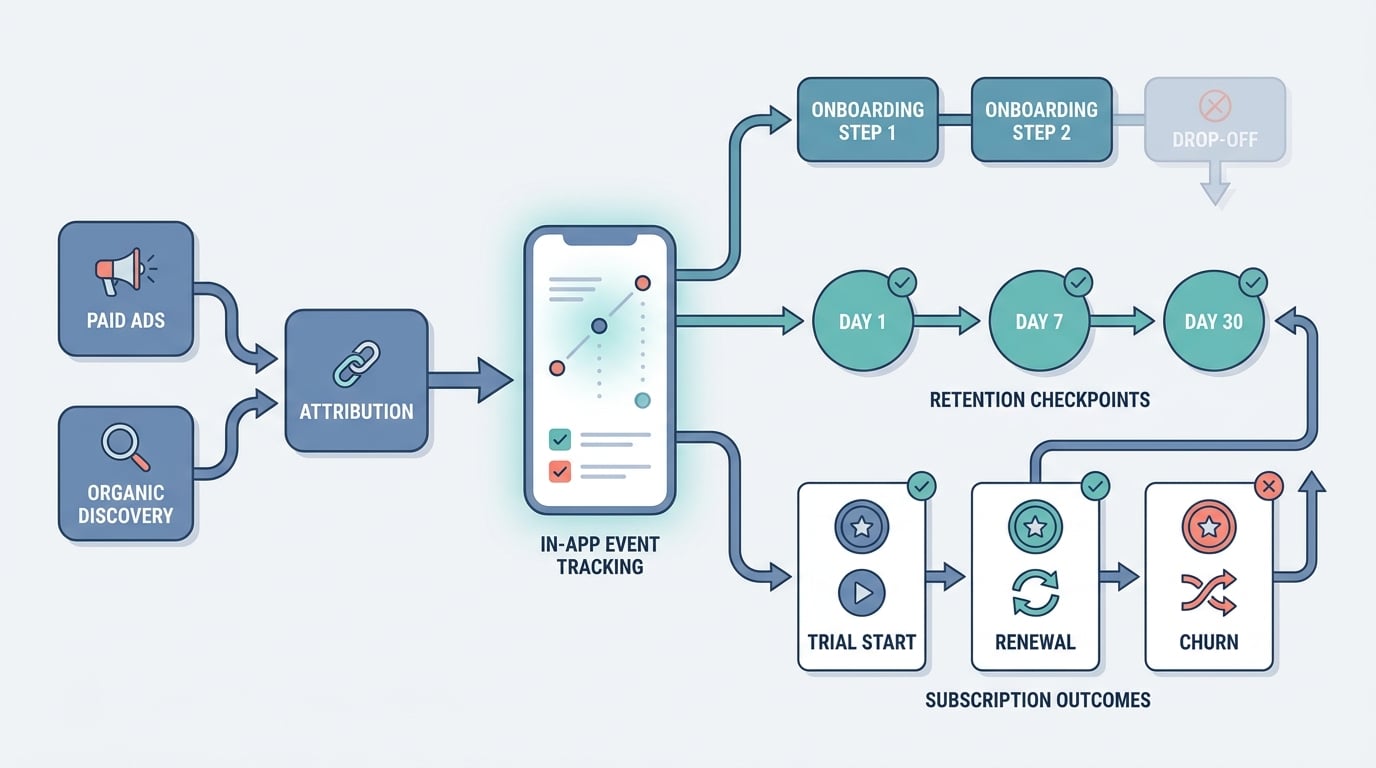 Workflow diagram linking attribution, in-app analytics, retention, and subscription decisions for a mobile app