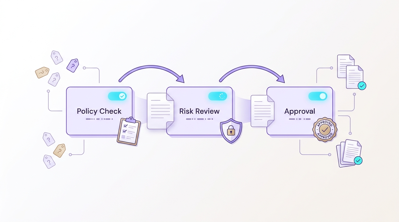 Editorial illustration of a light-background SaaS workflow diagram showing a document moving through three compliance stages: policy check, risk review, and approval. Each stage appears as a rounded card with thin violet outlines, soft lavender fills, and a small cyan status indicator, connected by clean arrows and surrounded by a few concrete objects like a stamp, shield, and checklist.