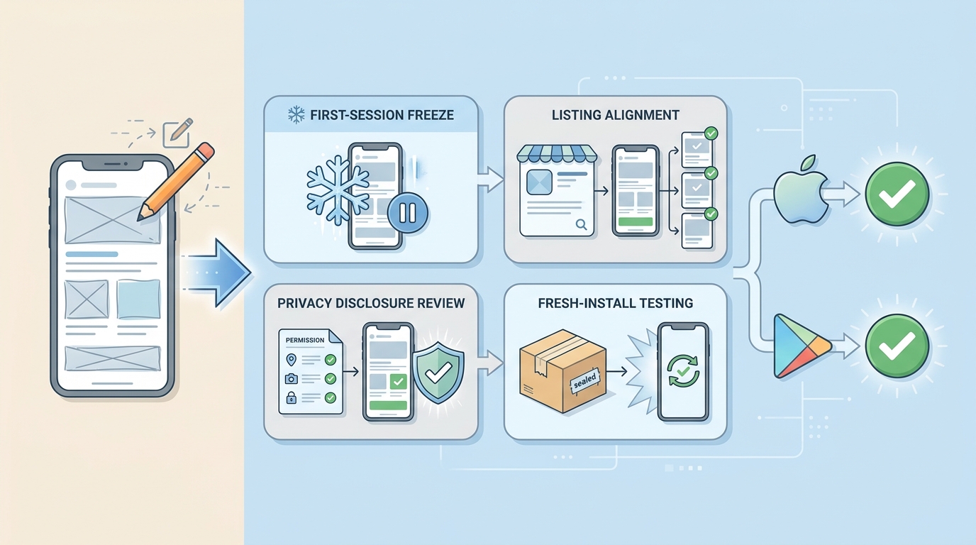 Diagram comparing a fast Lovable prototype workflow with a review-ready App Store and Google Play submission workflow Diagram comparing a fast Lovable prototype workflow with a review-ready App Store and Google Play submission workflow