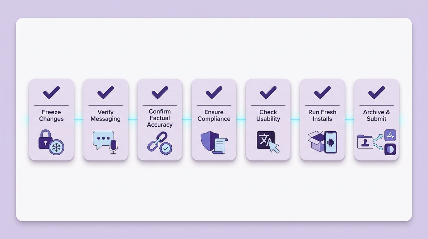 Editorial checklist card on a light dashboard-style canvas with seven stacked checklist items, each preceded by a deep violet checkmark and thin divider lines. The items read: Define approval owners, Confirm brand voice, Verify claims and links, Check legal and compliance rules, Review formatting and accessibility, Test publish settings and preview, Archive the final approved version. Soft lavender panels and a small cyan highlight accent the clean SaaS layout with generous whitespace. Editorial checklist card on a light dashboard-style canvas with seven stacked checklist items, each preceded by a deep violet checkmark and thin divider lines. The items read: Define approval owners, Confirm brand voice, Verify claims and links, Check legal and compliance rules, Review formatting and accessibility, Test publish settings and preview, Archive the final approved version. Soft lavender panels and a small cyan highlight accent the clean SaaS layout with generous whitespace.