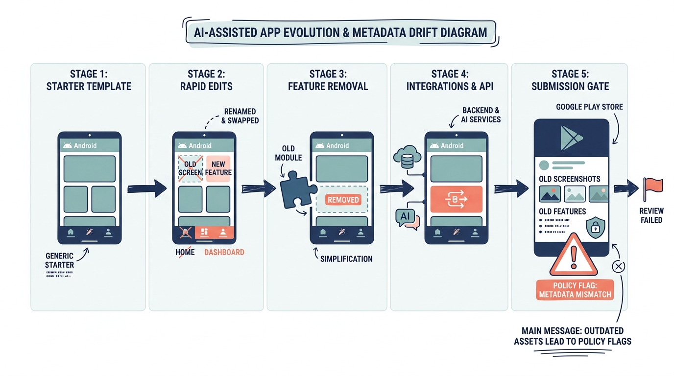 Workflow diagram showing how AI app template changes create metadata drift before Google Play submission Workflow diagram showing how AI app template changes create metadata drift before Google Play submission