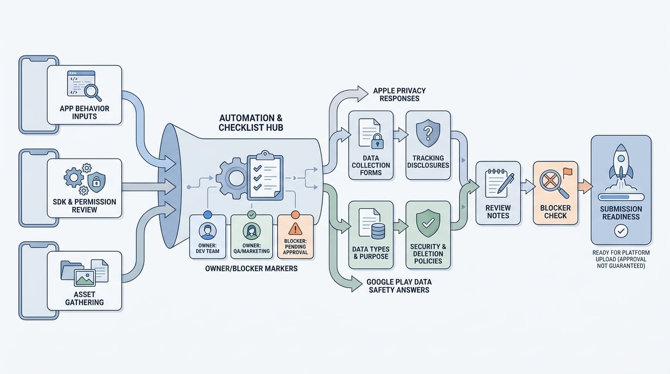 Workflow diagram showing how automated publishing tools turn app details into App Store and Google Play submission tasks Workflow diagram showing how automated publishing tools turn app details into App Store and Google Play submission tasks