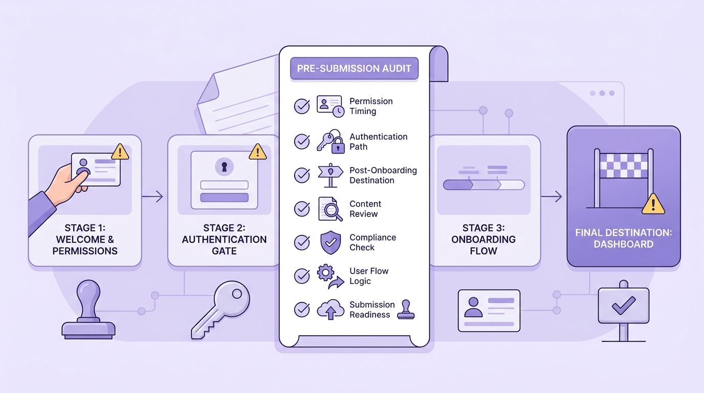Checklist of pre-submission onboarding audit items covering permissions, login, and the screen after onboarding ends. Checklist of pre-submission onboarding audit items covering permissions, login, and the screen after onboarding ends.
