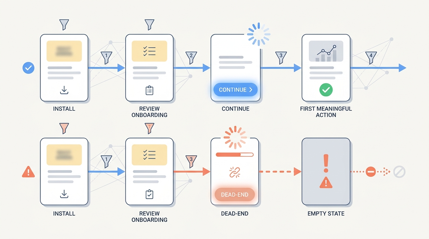 Side-by-side onboarding flow diagram showing a working next step versus a dead-end button and unresolved loading state. Side-by-side onboarding flow diagram showing a working next step versus a dead-end button and unresolved loading state.
