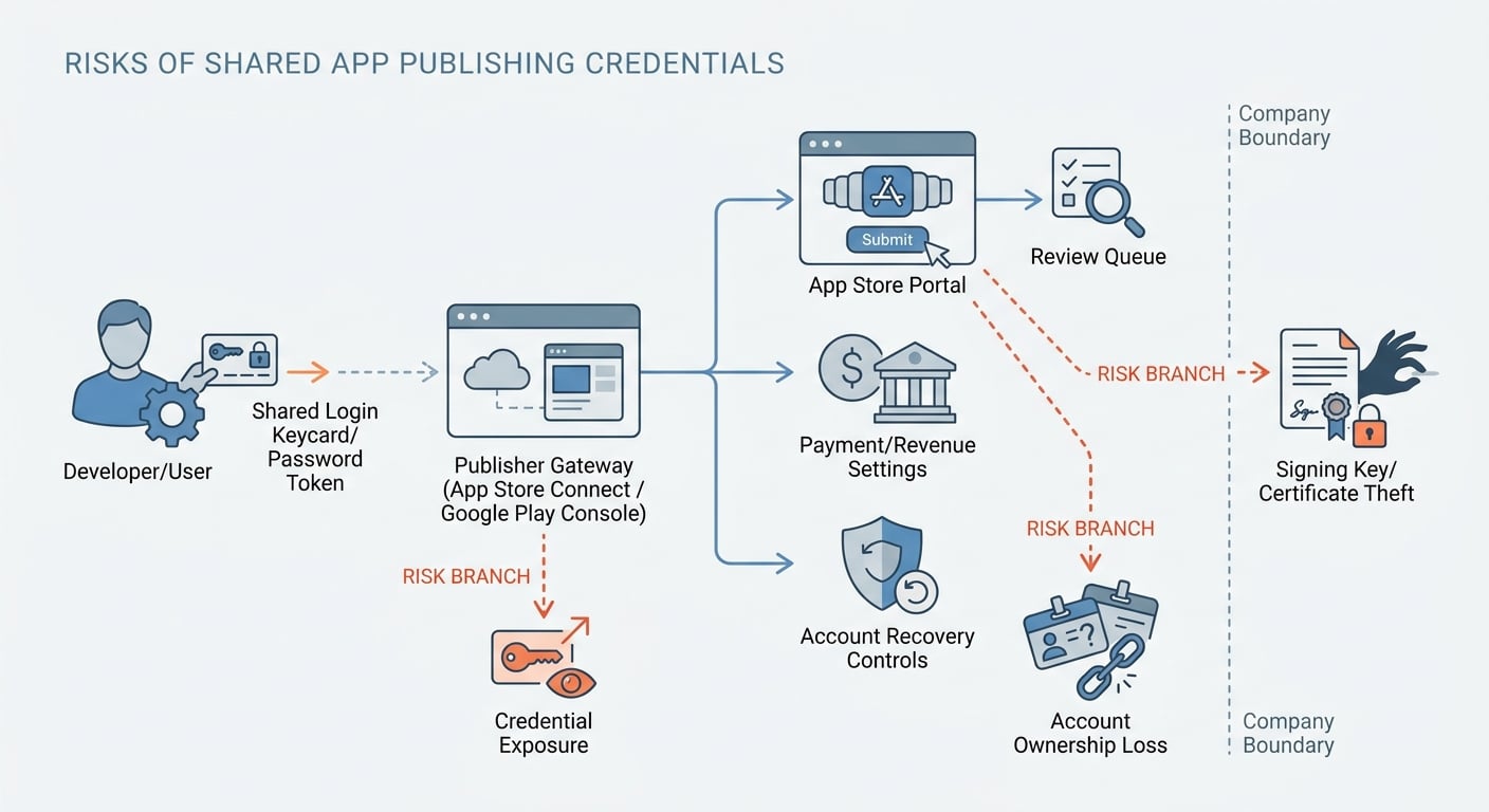 Flow diagram of shared app store credentials leading to credential exposure, account ownership loss, and signing key theft. Flow diagram of shared app store credentials leading to credential exposure, account ownership loss, and signing key theft.