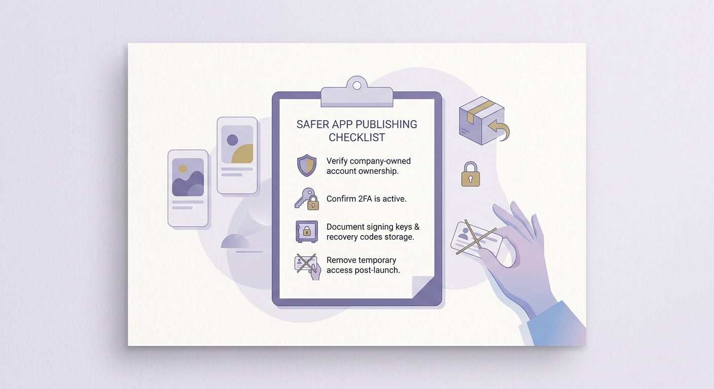 Checklist for verifying app store ownership, two-factor authentication, signing key storage, and post-launch access cleanup. Checklist for verifying app store ownership, two-factor authentication, signing key storage, and post-launch access cleanup.