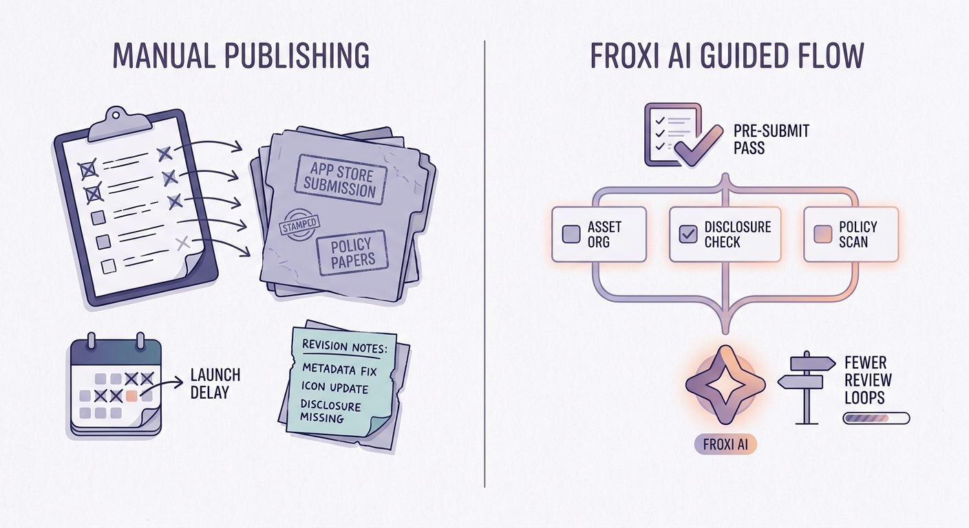 Checklist helping founders decide whether to use manual publishing or Froxi AI based on team experience and launch pressure. Checklist helping founders decide whether to use manual publishing or Froxi AI based on team experience and launch pressure.