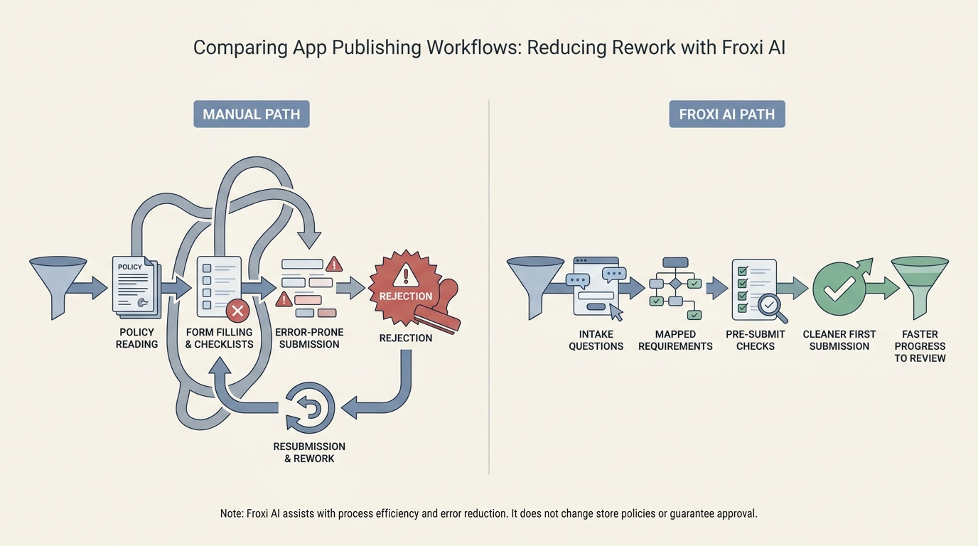 Side-by-side workflow diagram comparing manual app publishing with Froxi AI-guided publishing. Side-by-side workflow diagram comparing manual app publishing with Froxi AI-guided publishing.