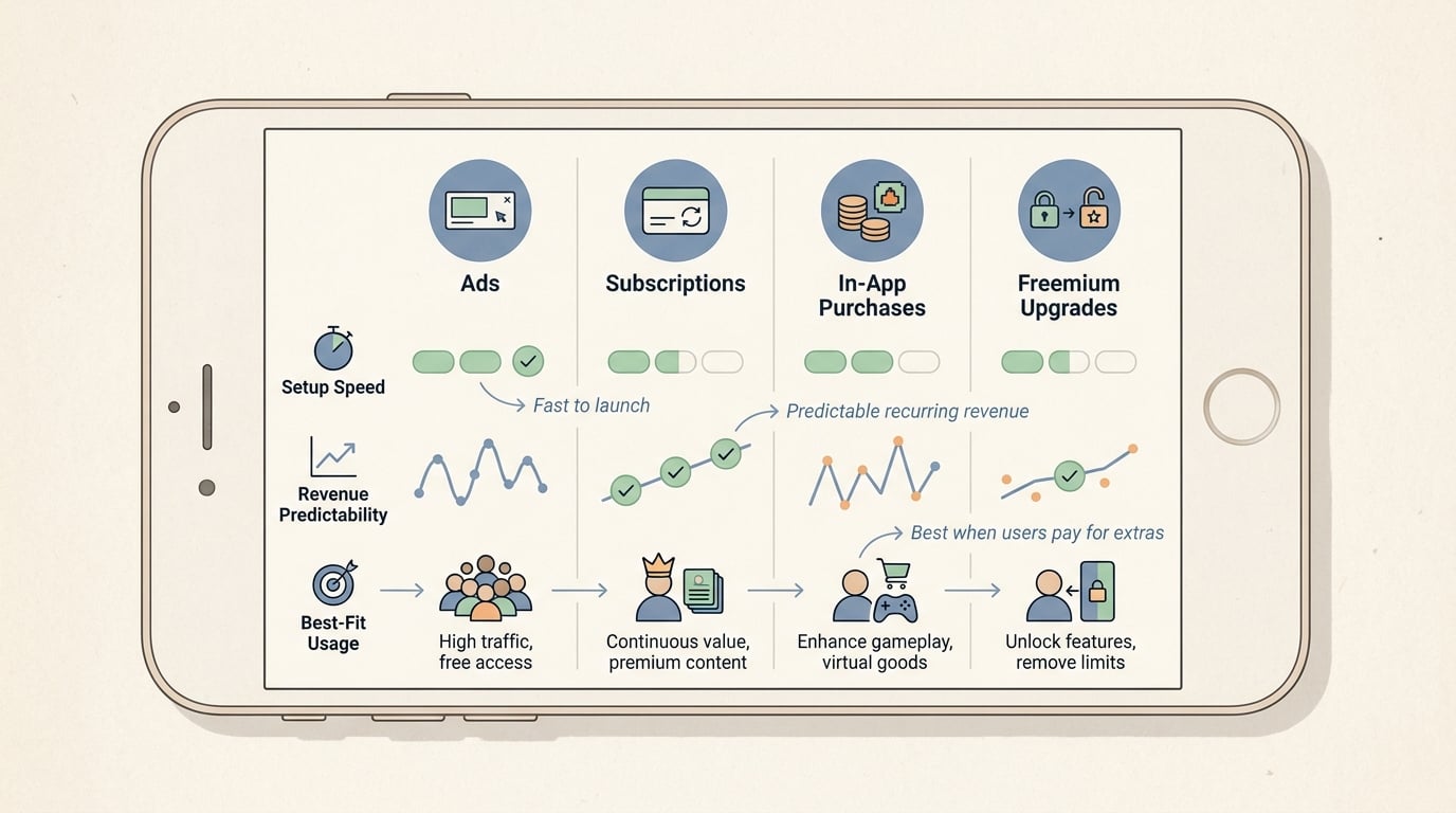 Comparison table of mobile app monetization options: ads, subscriptions, in-app purchases, and freemium upgrades.
