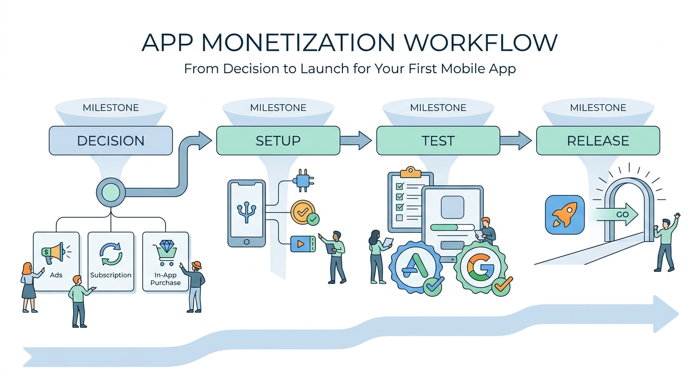 Workflow diagram for setting up app monetization, from model choice to store testing and release.
