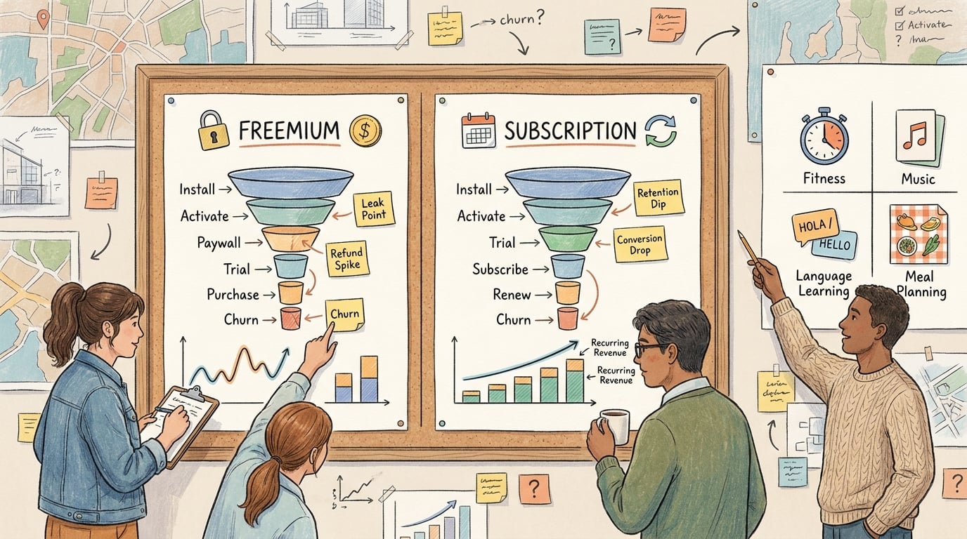 Team reviewing charts to decide whether freemium or subscription will generate more revenue for a mobile app.