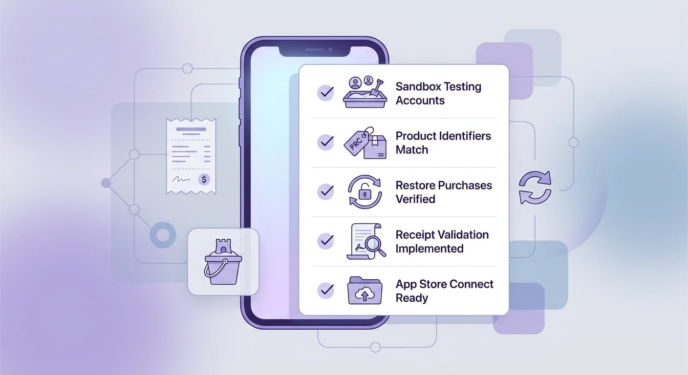 Pre-launch checklist for verifying iOS in-app purchases before App Store submission.