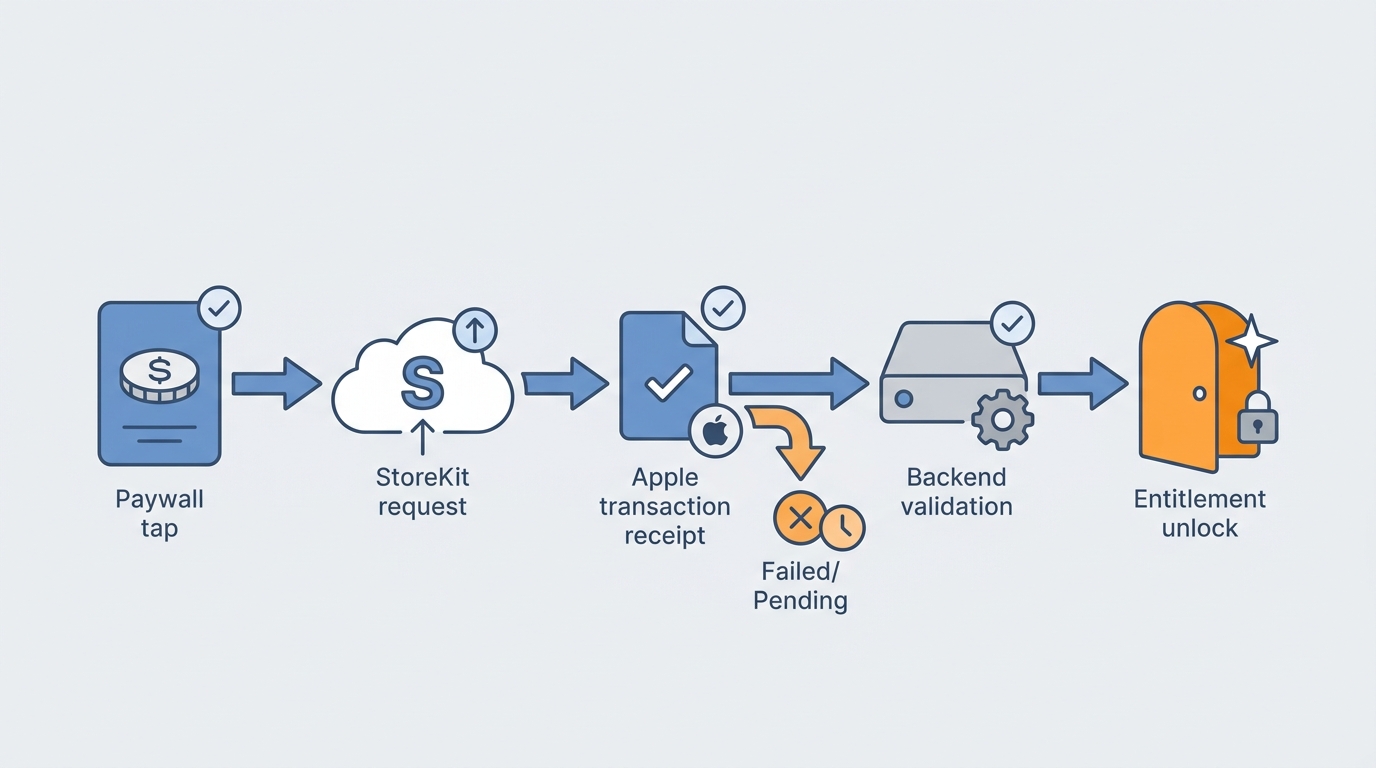Flow diagram of iOS in-app purchase from paywall tap through receipt validation to entitlement unlock.