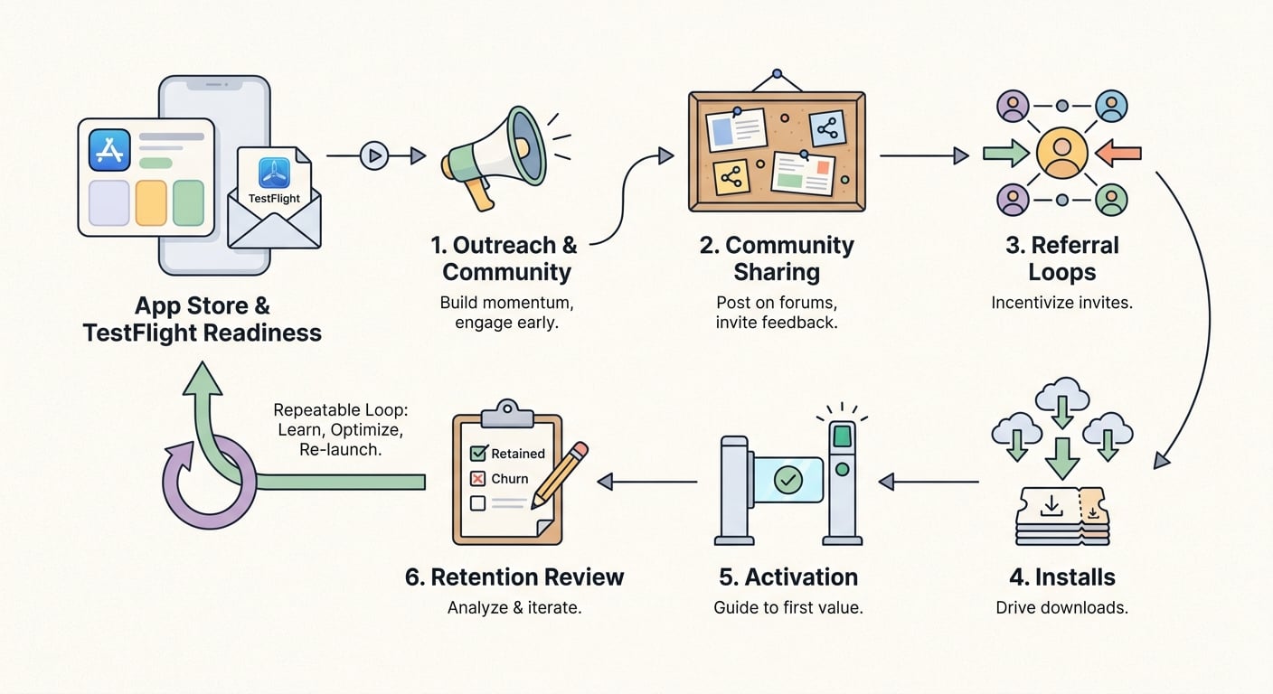A workflow diagram for getting an iOS app's first users: prepare the store listing, run direct outreach and community posts, capture installs, then review activation and retention.