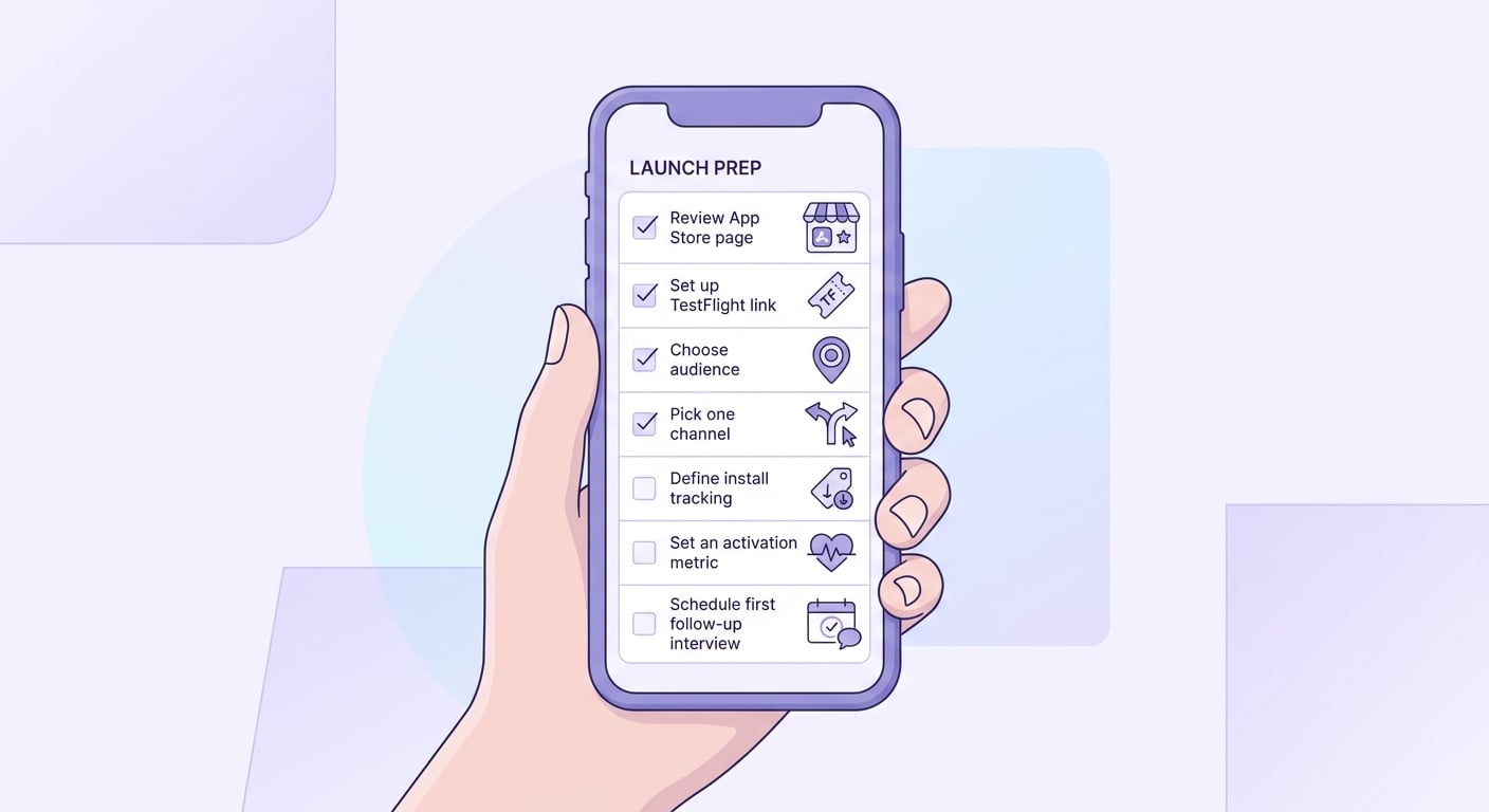 A checklist of launch tasks for an iOS app founder to complete before chasing the first 1,000 users, including App Store setup, TestFlight, outreach, and tracking.