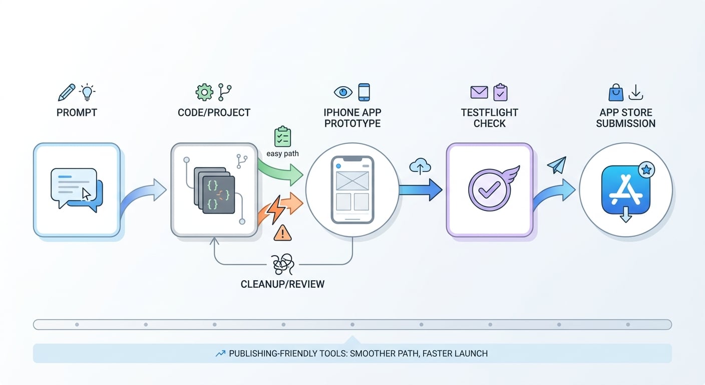 Diagram of the prompt-to-App Store workflow for an iPhone app built with vibe coding tools.