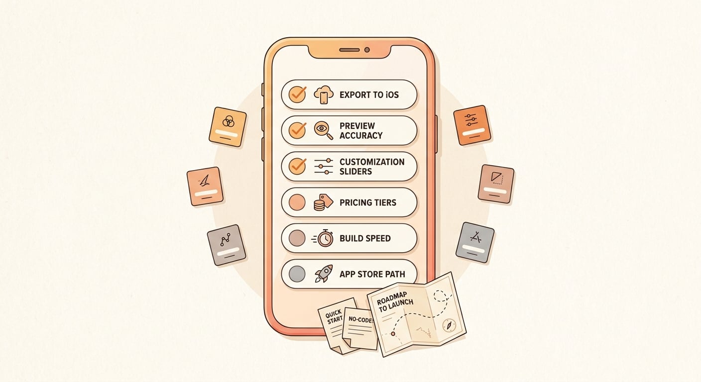 A warm checklist block on a cream background with rounded orange and peach checkboxes showing six steps for choosing a vibe coding tool for an iPhone app: define your app idea, verify iOS export support, test the UI preview, check customization options, review pricing and limits, and build a quick prototype.