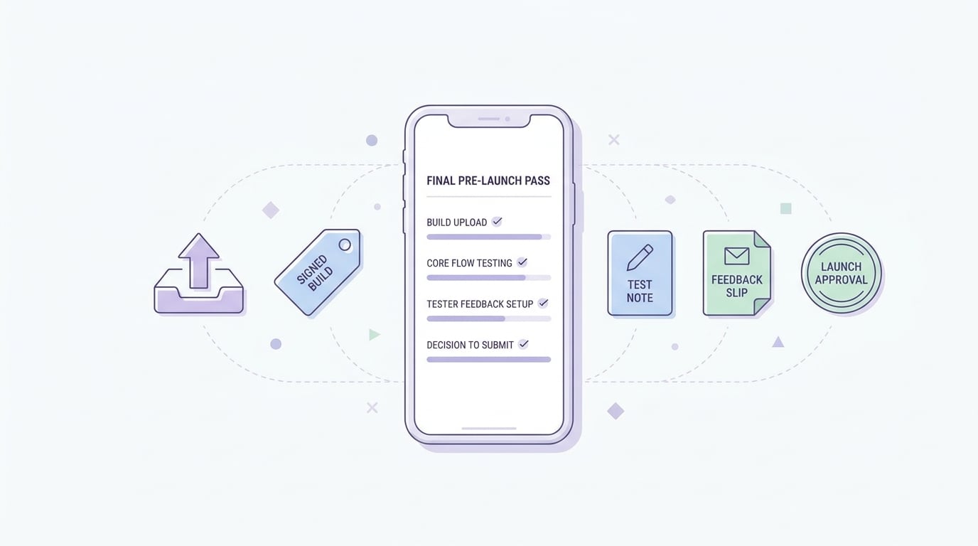Checklist of TestFlight pre-launch tasks including build upload, core flow testing, feedback tracking, and App Store submission readiness.