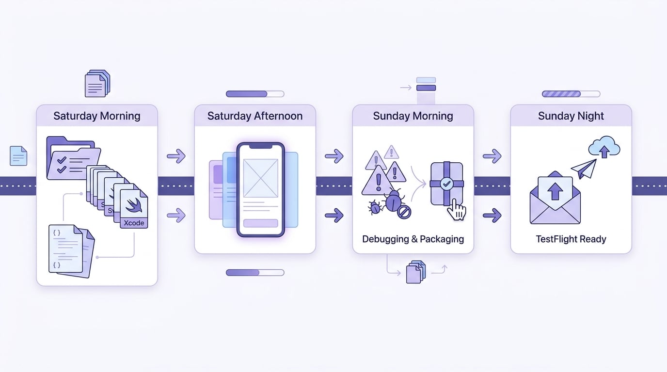Timeline of a weekend iOS app build from setup to TestFlight using Cursor AI.