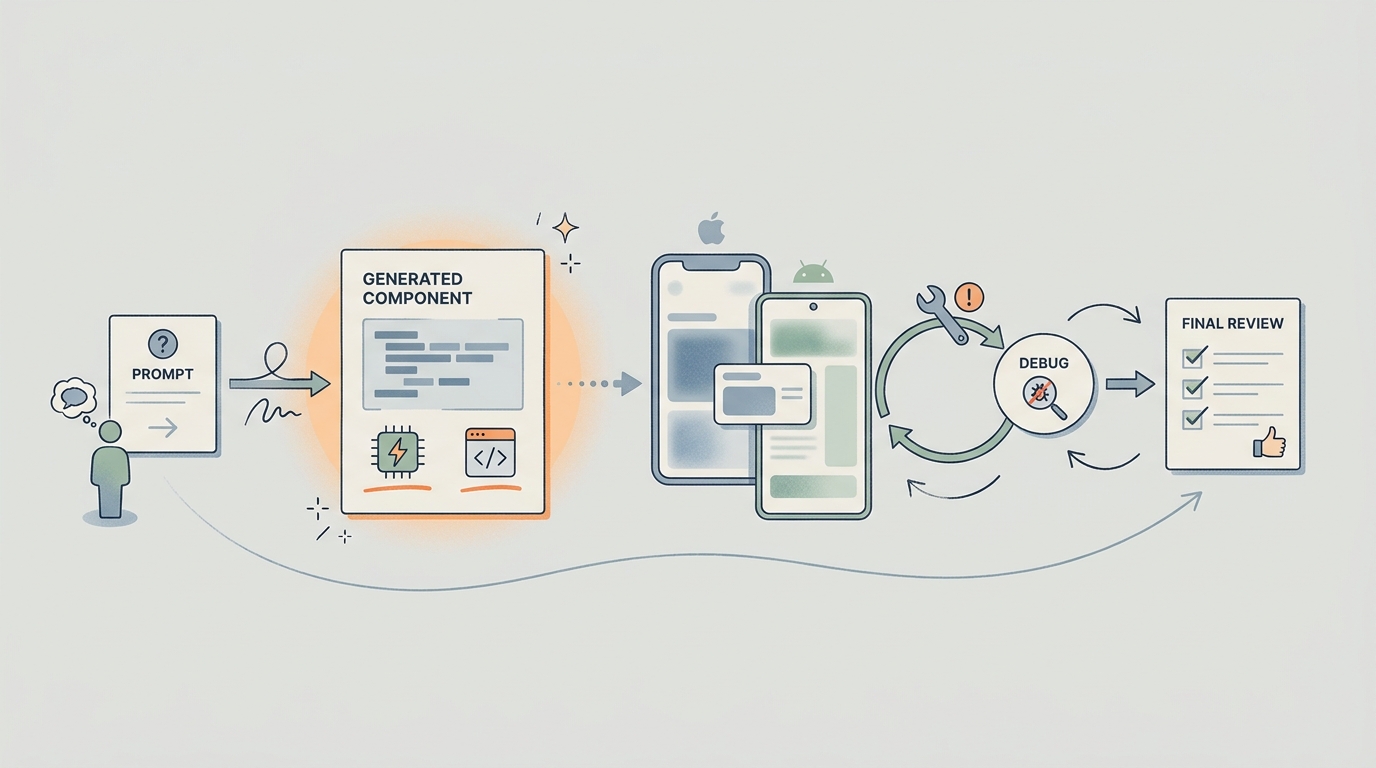 Workflow diagram of using an AI assistant to generate, test, debug, and review React Native mobile code.
