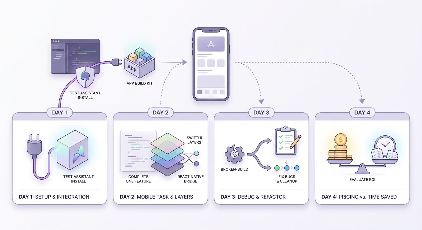 Timeline for trialing an AI coding assistant on a real mobile app task across setup, prompt test, debugging, and decision.