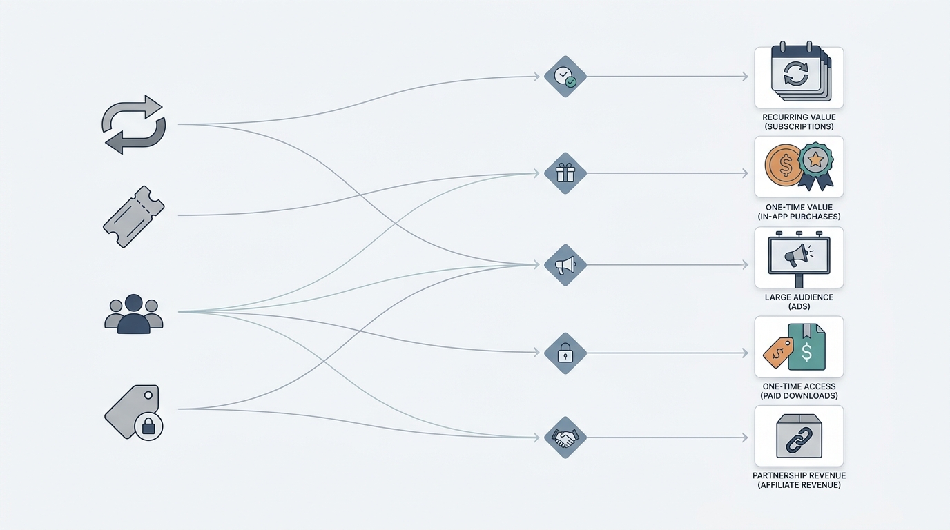 Flowchart for choosing an iOS app monetization model based on usage frequency, audience size, and value type.