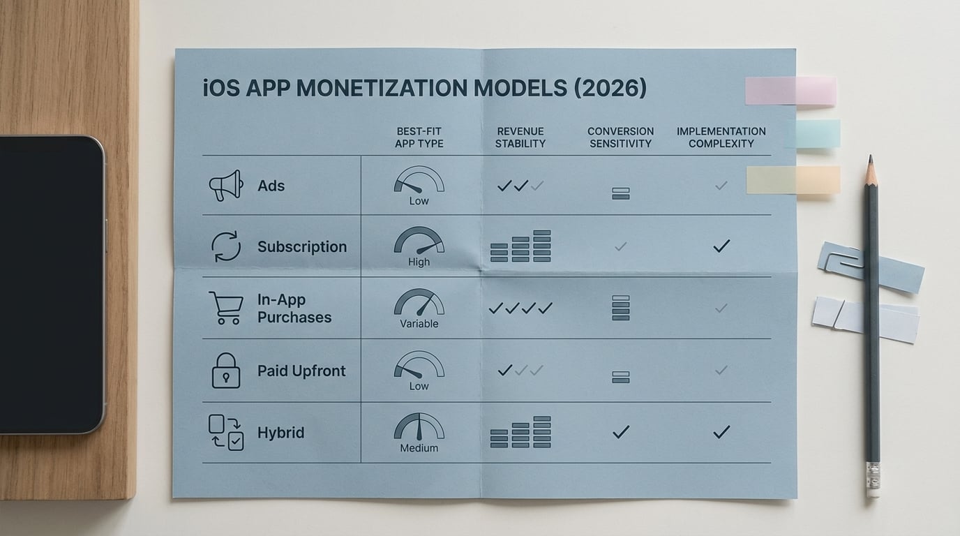 Comparison table of five iOS monetization models with fit, stability, conversion sensitivity, and complexity.