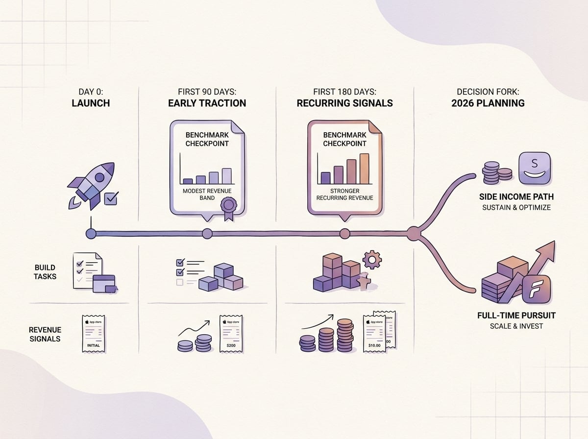 Timeline showing how indie founders can benchmark app revenue from launch through the first 180 days in 2026.