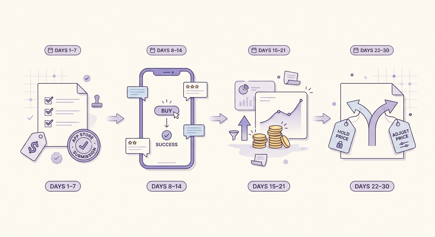 Timeline showing a 30-day plan to reach the first $1,000 from an iOS app.