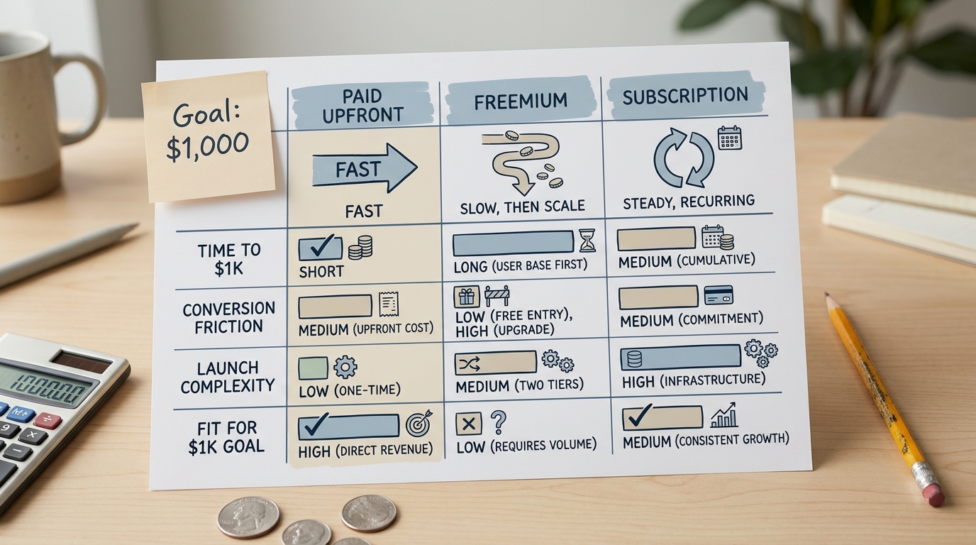 Comparison table of three iOS app monetization models showing which one reaches the first $1,000 fastest.