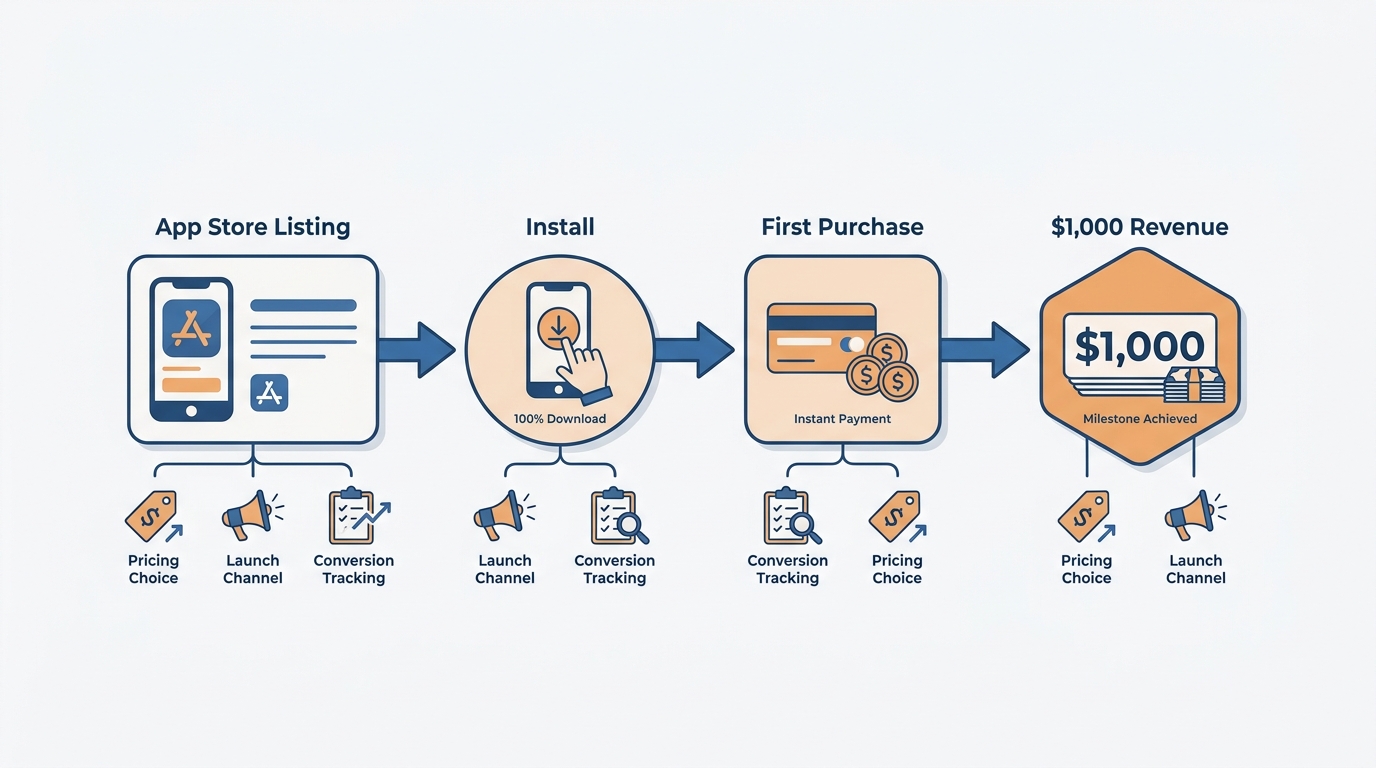Process diagram showing the App Store path from listing to first paying users and first $1,000 in revenue.