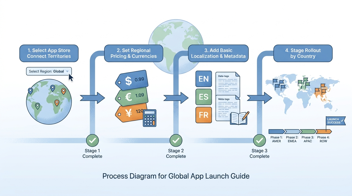 A step-by-step launch workflow for selecting territories, pricing regions, localizing metadata, and staging a global app release.