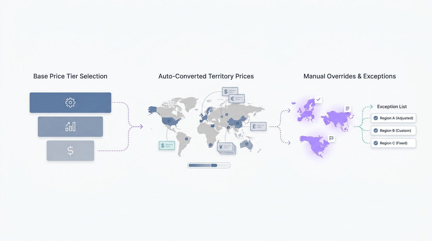 Workflow diagram for setting App Store pricing in different currencies, from base tier selection to territory review and overrides. Workflow diagram for setting App Store pricing in different currencies, from base tier selection to territory review and overrides.