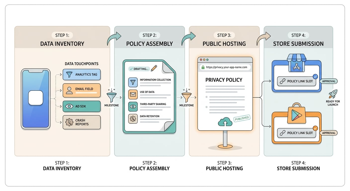Workflow diagram for creating, hosting, and linking a privacy policy before submitting an app to Apple and Google.