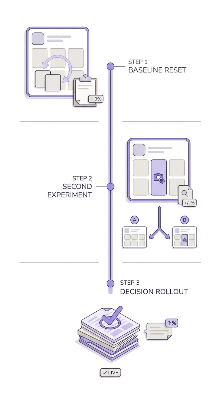 Timeline of next steps after a successful App Store Product Pages A/B test, from baseline reset to second experiment to rollout.